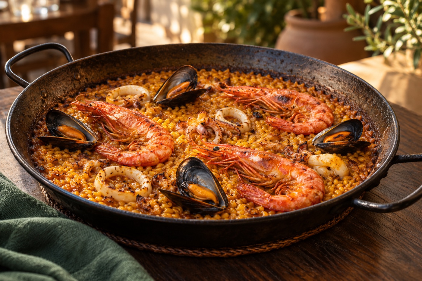 Imagen ilustrativa de una paella de marisco con arroz dorado, gambas y mejillones