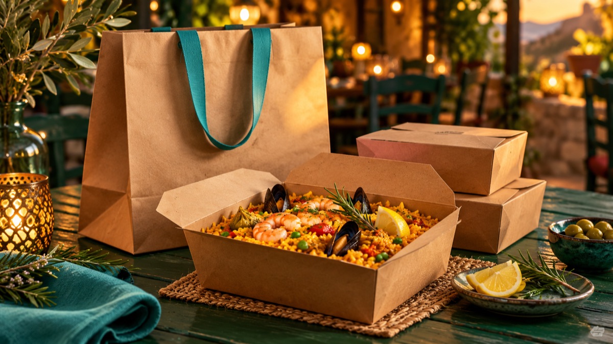 Ilustración de presentación: comida para llevar con arroz y bolsa de papel
